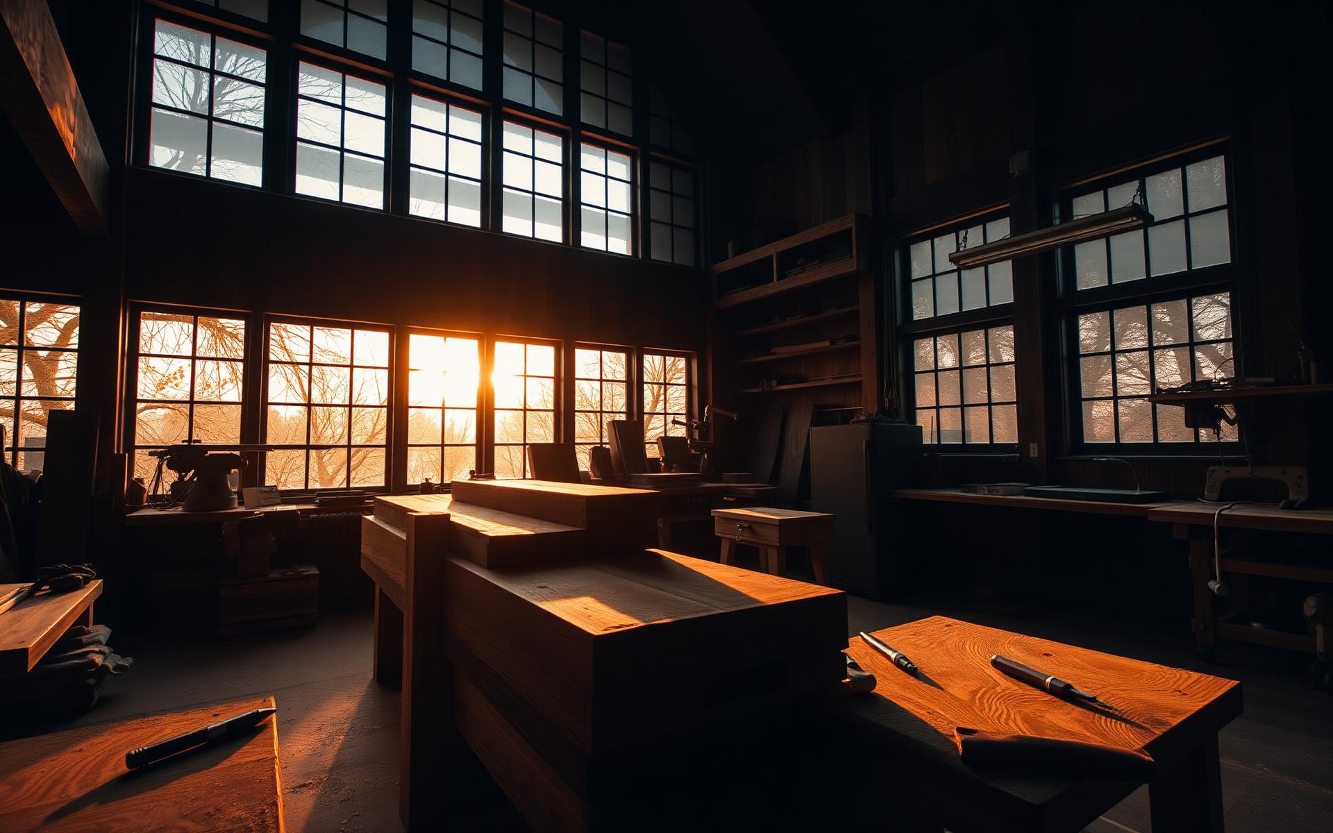 Luxury woodworking workshop in Riyadh with warm light on walnut lumber