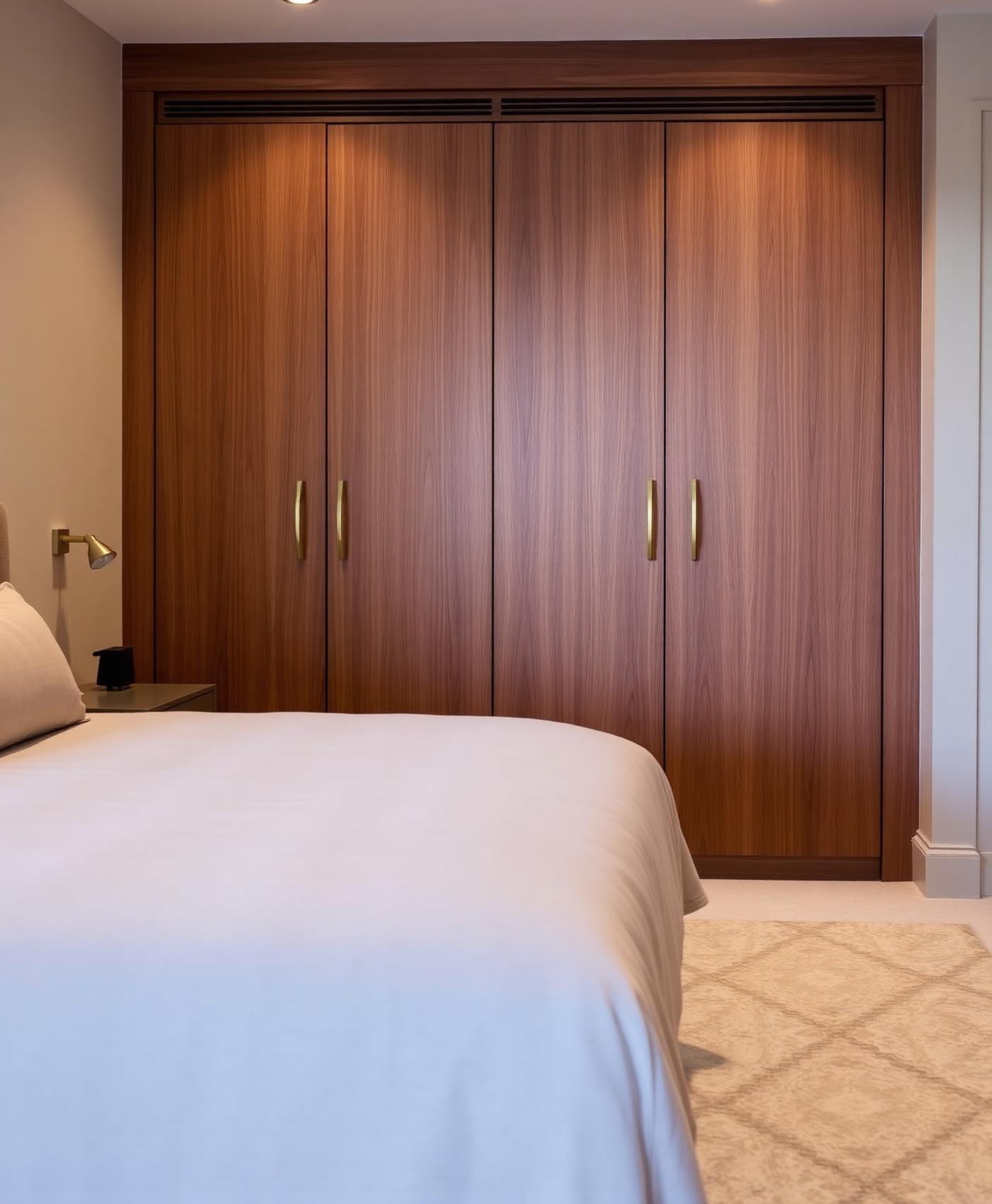 Built-in walnut wardrobe with brass handles